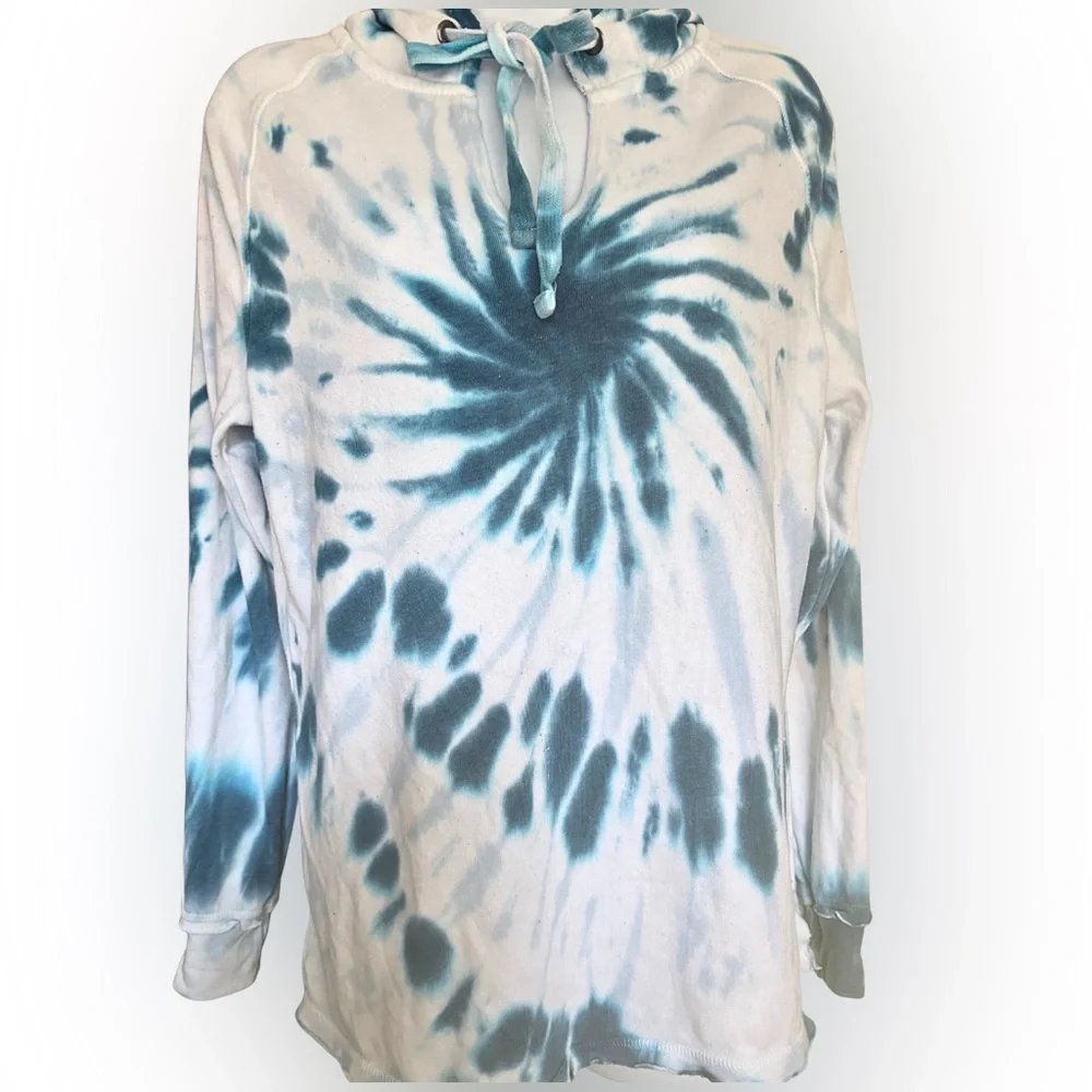 TIE DYE HOODIE SWEATSHIRT Blue White Boho Pullover Cozy Loungewear Womens SZ 3X - Picture 2 of 12
